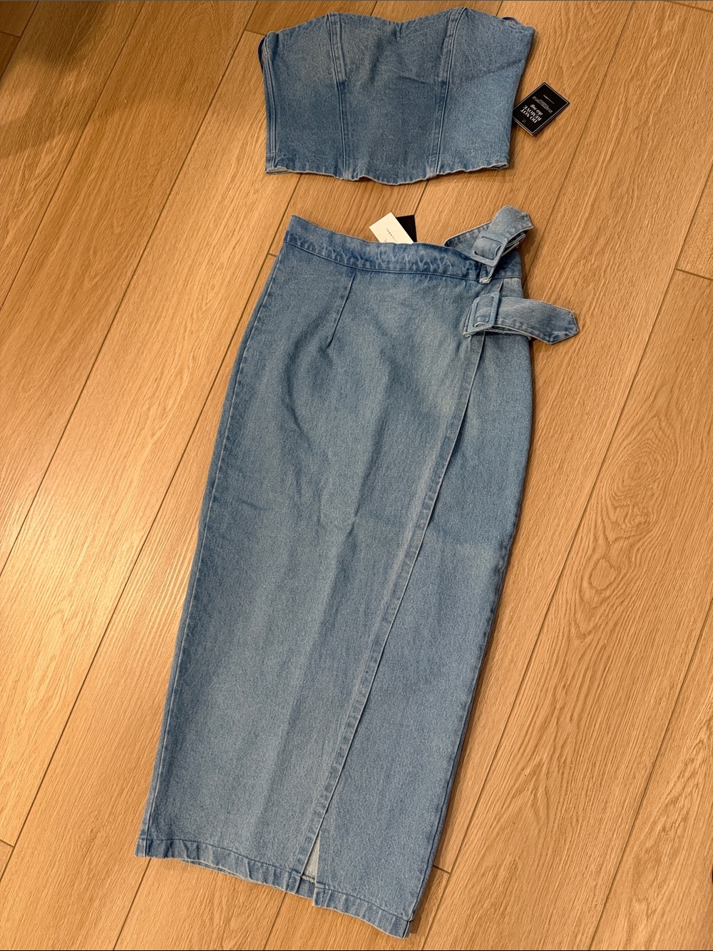 JLUXLABEL Light Blue Denim Wrap Midi Skirt/ trench coat and corset Size small - Picture 2 of 11